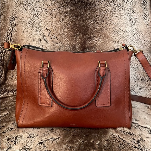 Fossil Parker embroidered leather brown satchel handbag - Picture 3 of 15